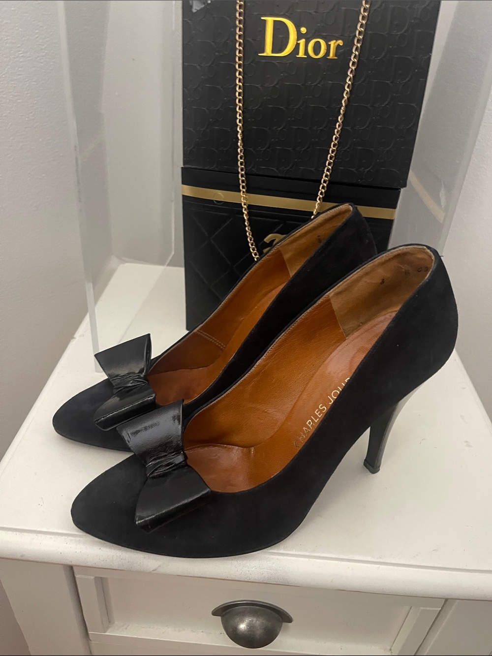 Charles Jourdan Black Suede Pumps with Patent Bow